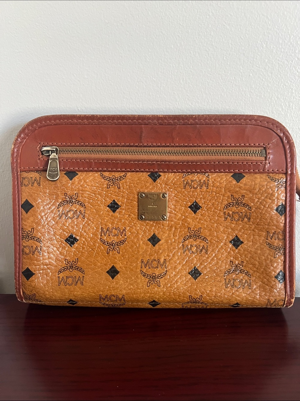 MCM Cognac Visetos Monogram Pouch with Brown Trim